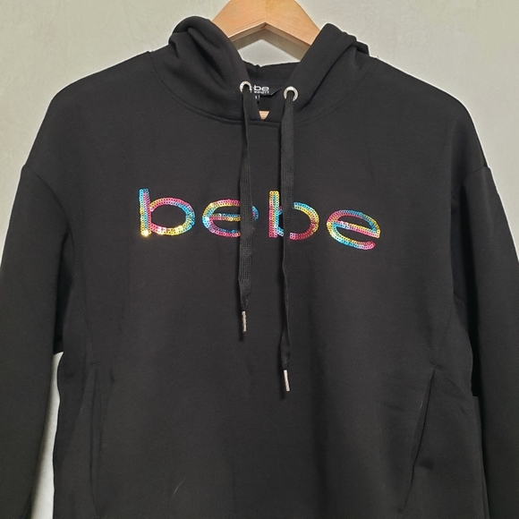 Bebe Sport Rainbow Iridescent Sequin Logo Black Hoodie - Picture 3 of 15